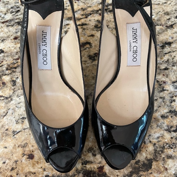 Jimmy Choo Nova Black Patent Peep Toe Platform Slingback 100mm Pumps 38 1/2 - Picture 16 of 16